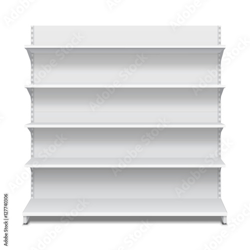 White Blank Empty Showcase Displays With Retail Shelves Front View 3D Products On White Background Isolated. Ready For Your Design. Product Packing. Vector EPS10