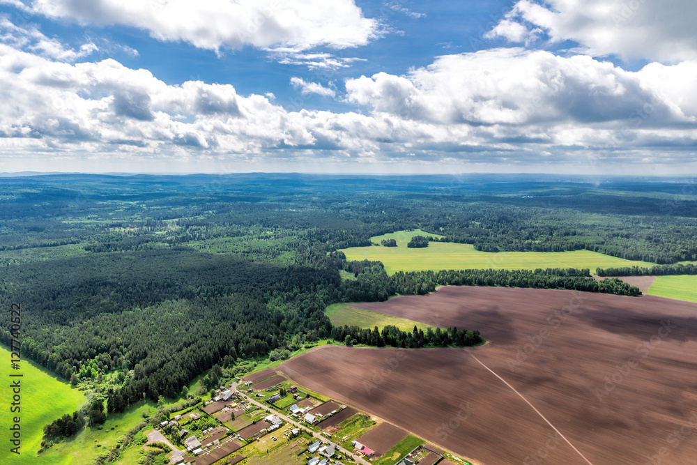 Northern landscape. Endless forests. Plow. Airview