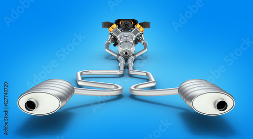 Exhaust pipes system with engine back view on blue gradient back