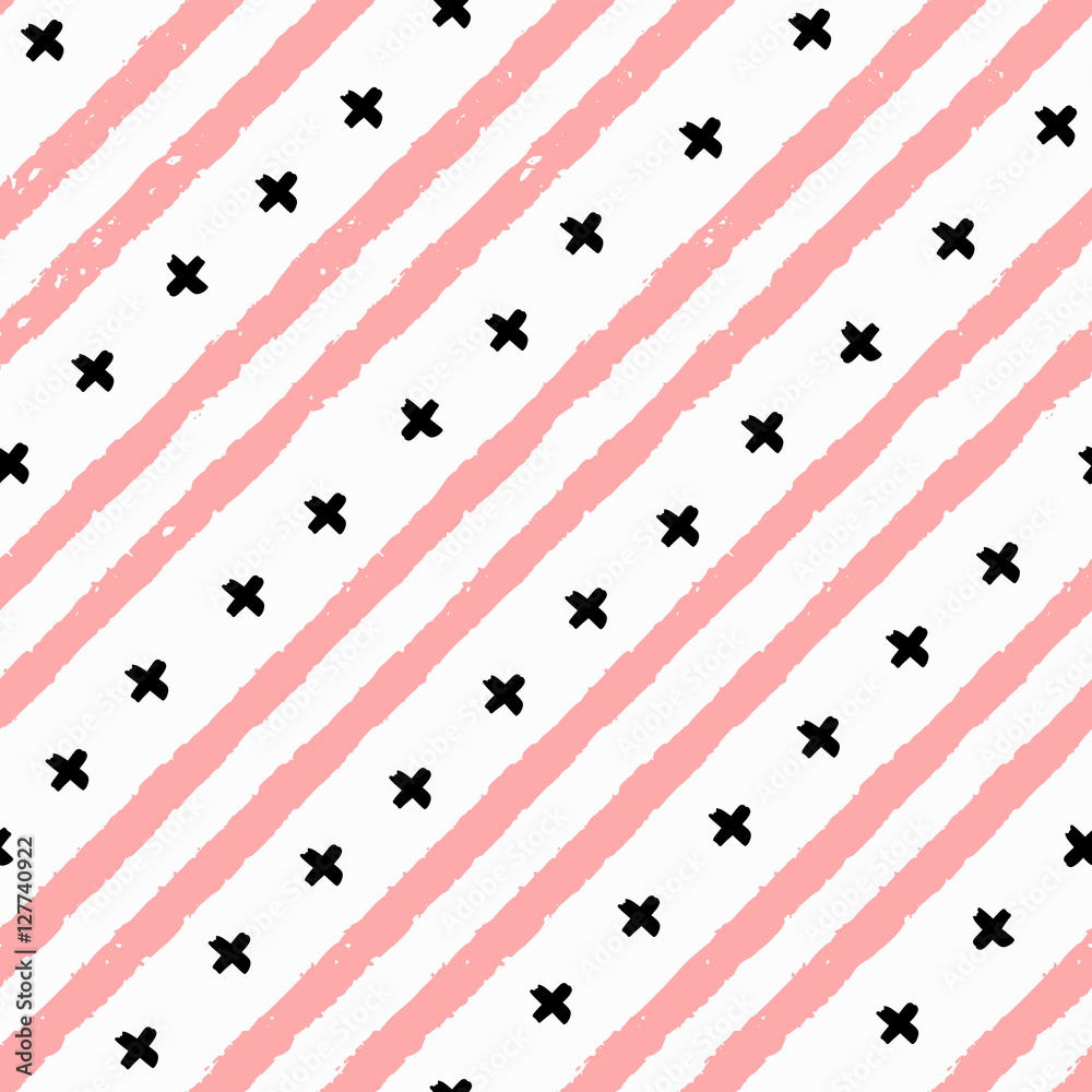 Fototapeta premium Hand drawn seamless pattern in pink and black on white background.