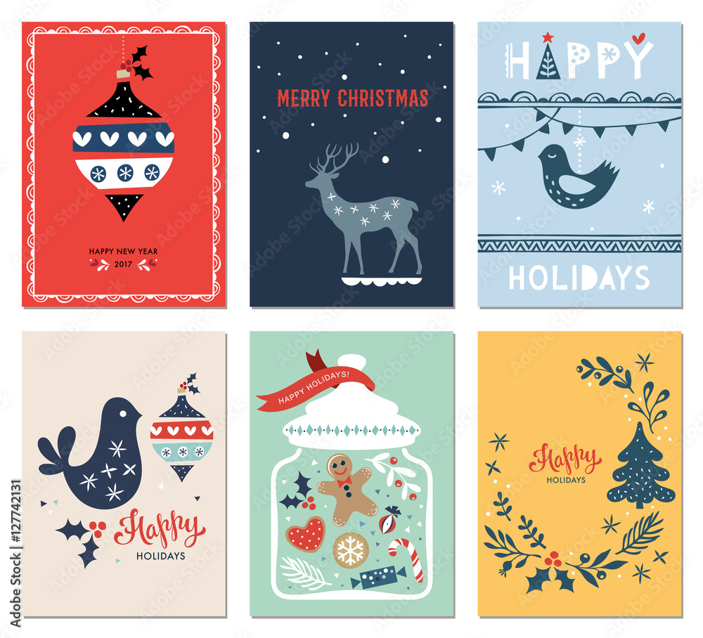 Winter Holidays cards with New Year tree, dove, jar, gingerbread men, Christmas ornaments and deer. Vector illustration.