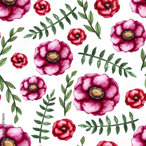 Fototapeta Naklejka Na Ścianę i Meble -  Watercolor Burgundy and Scarlet Flowers Seamless Pattern