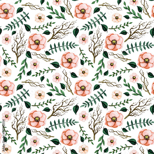 Watercolor Seamless Pattern with Light Red Flowers, Tree Branches and Little Green Leaves