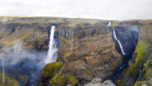 Dramatic overview of Waterfall Haifoss in Iceland  ultra wide panoramic photo