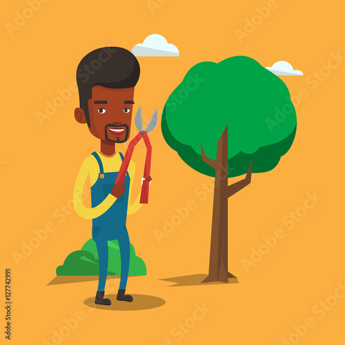 Farmer with pruner in garden vector illustration.
