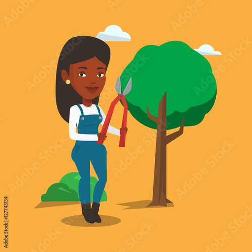 Farmer with pruner in garden vector illustration.