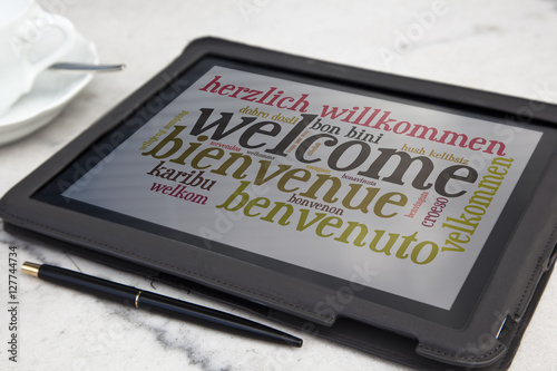 tablet with welcome word cloud