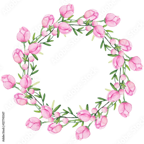 Wreath with Watercolor Rose Buds and Green Leaves