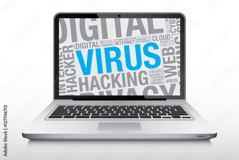 Virus word cloud on laptop screen vector concept Virus word cloud on laptop screen vector concept