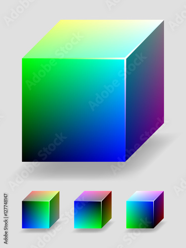Color cube - green and blue. Vector color 3D cube with shading and lighting, representing RGB color space. 4 different views
