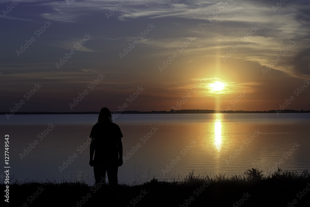 Fototapeta premium Rear view of man standing at beach during sunset