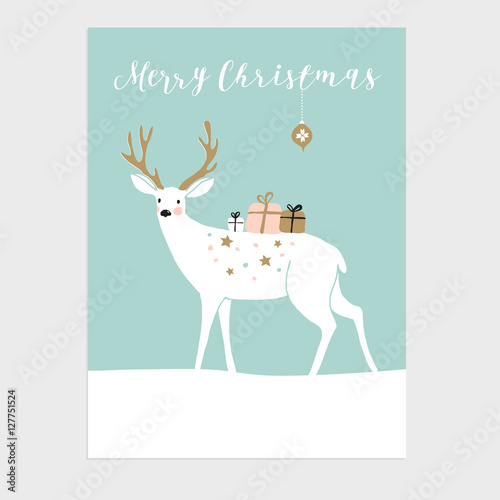 Cute Christmas greeting card, invitation. Reindeer and gift boxes. Hand drawn design. Vector illustration background.