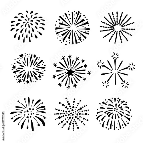 Set of hand drawn fireworks, sunbursts. Isolated black white vector objects, icons.