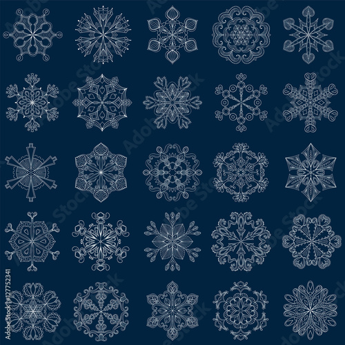 Vector vintage snowflake set in zentangle style. 25 original sno