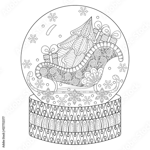 Vector zentangle snow globe with sledge, Christmas tree and gift