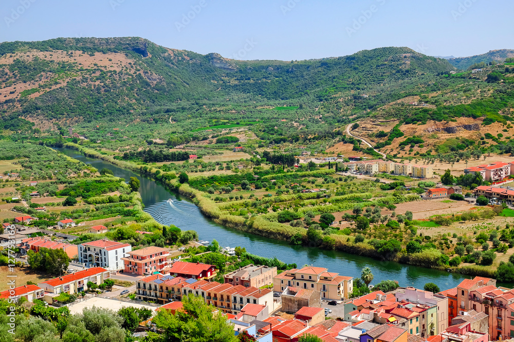 View from above on Bosa and river Temo in Sardinia, Italy.