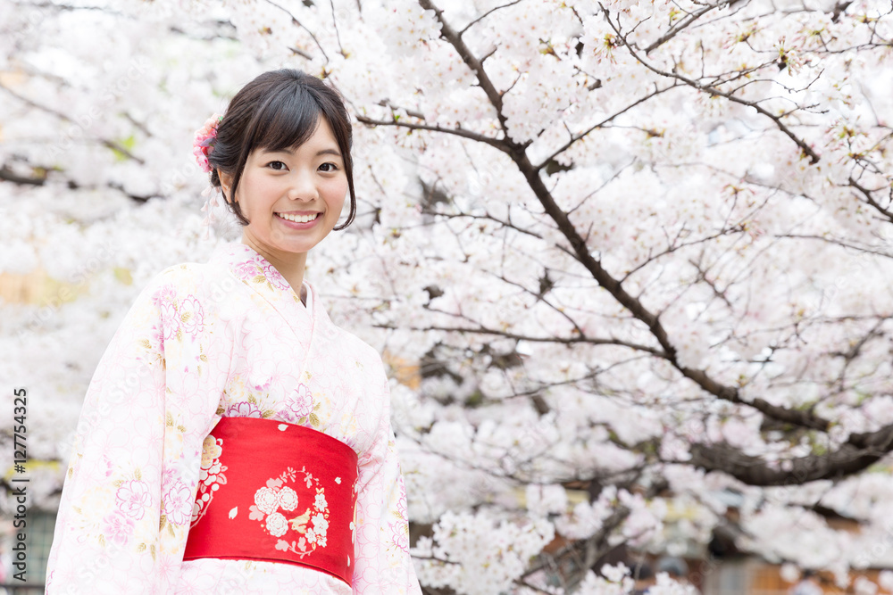 attractive asian woman wearing kimono looking cherry blossoms attractive asian woman wearing kimono looking cherry blossoms