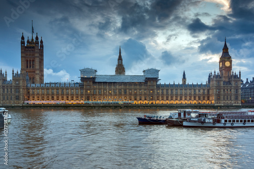 LONDON, ENGLAND - JUNE 16 2016: Sunset view of Houses of Parliament, Westminster palace, London, England, Great Britain