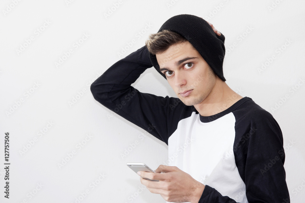 portrait of young with the phone mobile in style modern portrait of young with the phone mobile in style modern