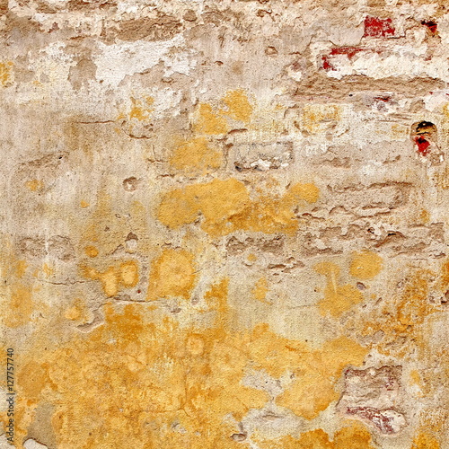 Shabby Brick Wall With Yellow Plaster Frame Square Background Te