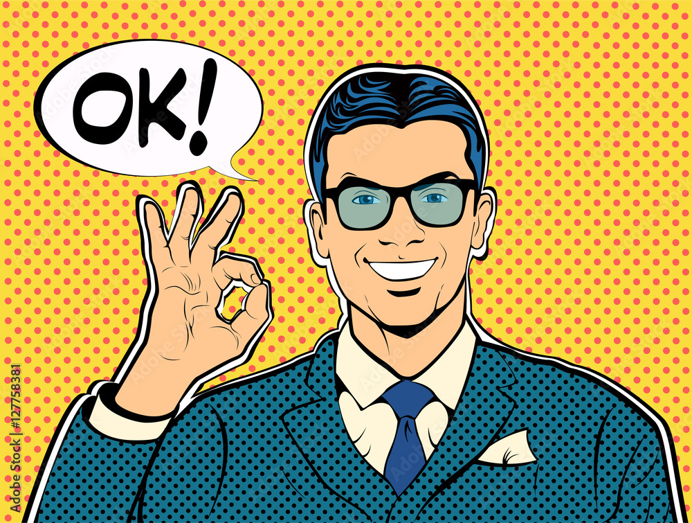 Successful businessman okay gesture OK.  Business concept success. Retro style pop art. Vector illustration.