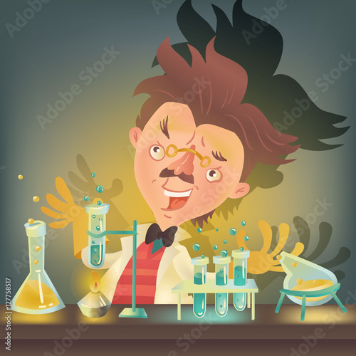 Bushy haired mad professor in lab coat experimenting with flasks sitting at the table, cartoon illustration. Crazy comic scientist, mad professor, chemist, doctor