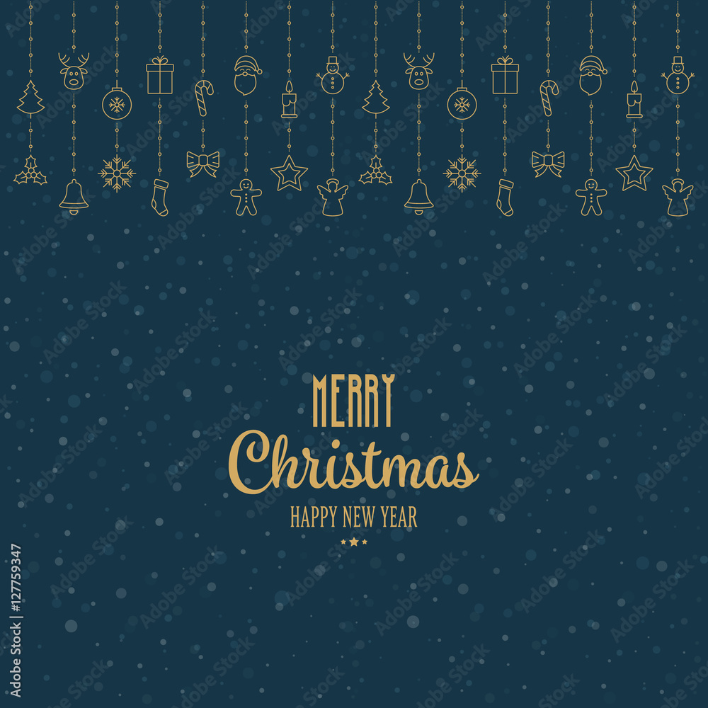 gold christmas elements hanging blue snow background