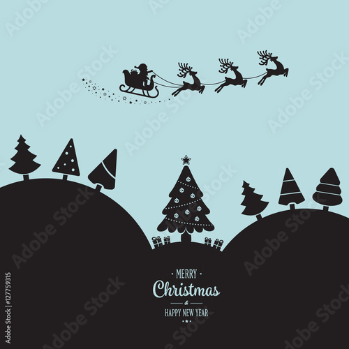 santa sleigh flying winter landscape night