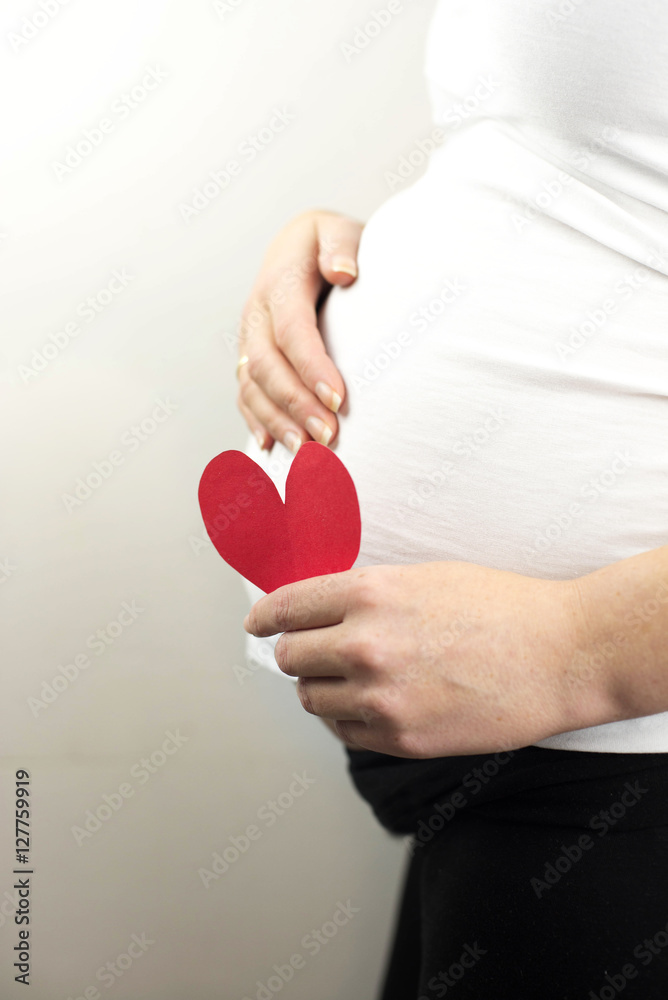 Pregnant woman holding in hand red heart. Unborn baby in the belly of pregnant woman. Pregnant woman holding in hand red heart. Unborn baby in the belly of pregnant woman.
