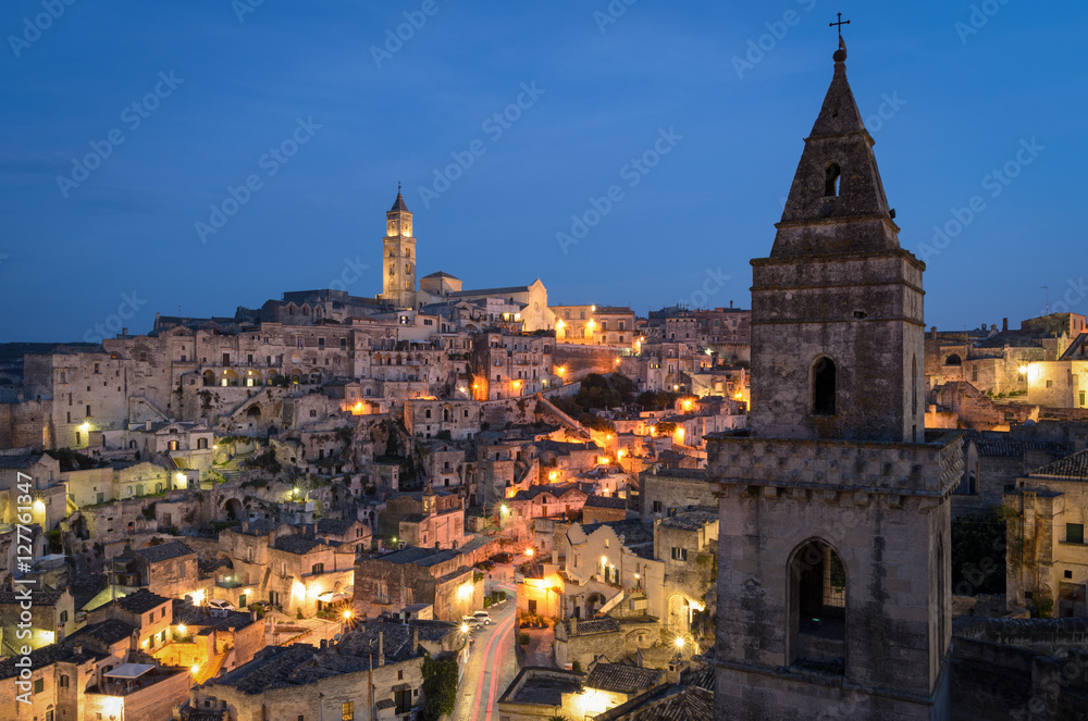 Matera, high definition view of Sasso Barisano at twilight