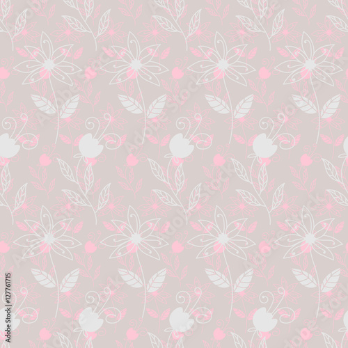 Pink and beige pastel floral seamless pattern with doodle flowers. Fantasy flower background. Hand drawn fabric digital print. Modern infinity wrapping paper. Vector illustration.