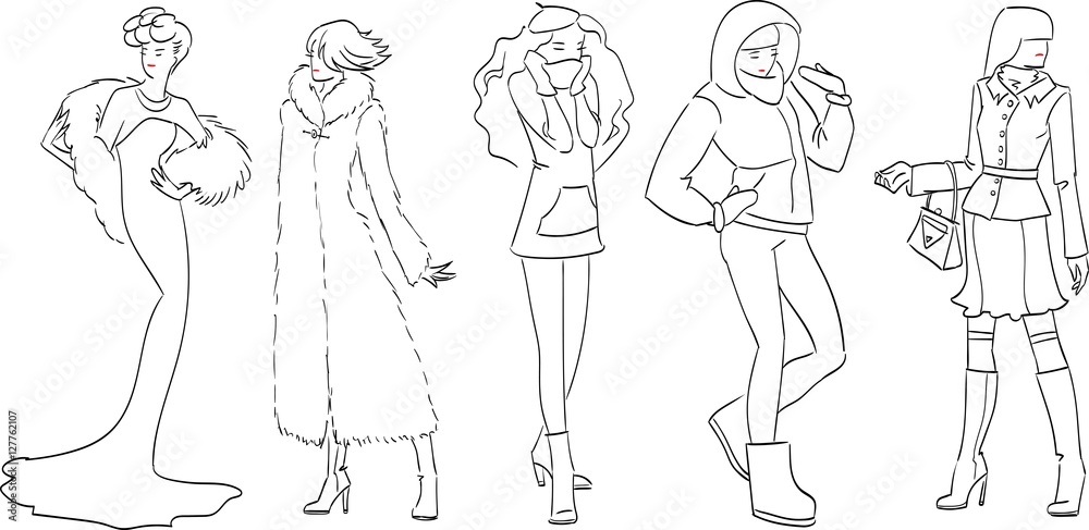 Vector, fashion models, sketch hand drawn, winter set, Line