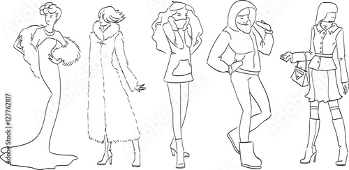 Vector, fashion models, sketch hand drawn, winter set, Line