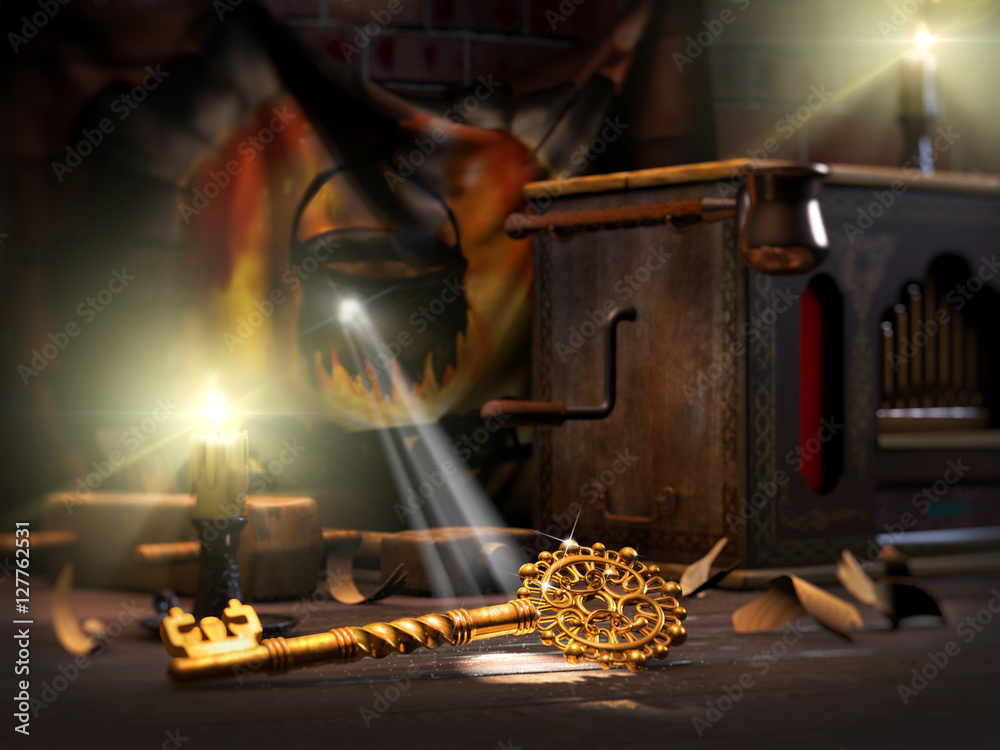 3D illustration of fairy tale of Golden key