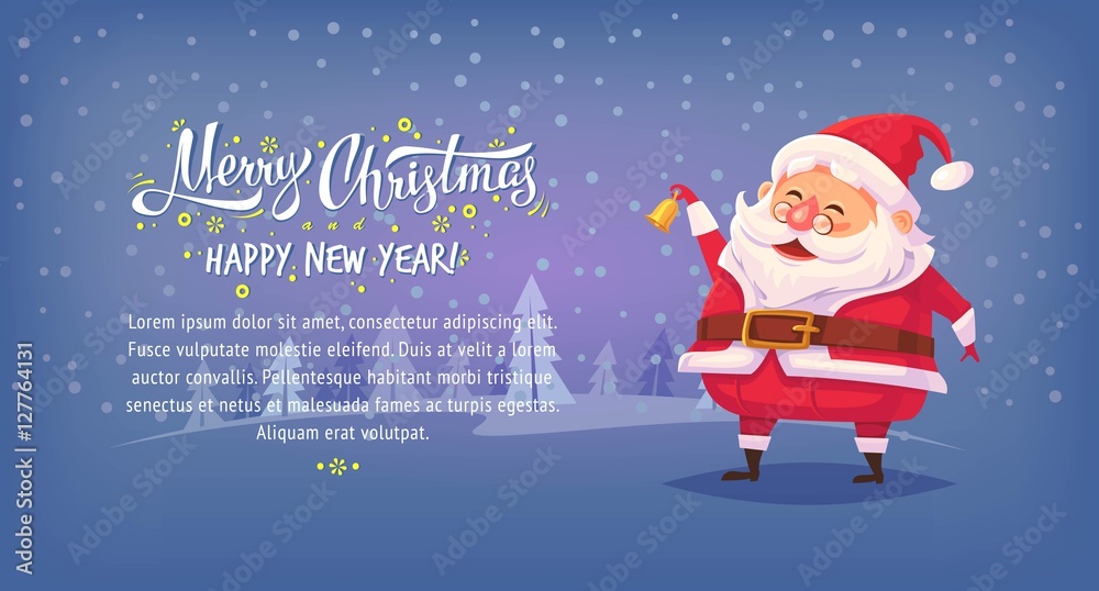 Cute cartoon Santa Claus ringing bell and smiling Merry Christmas vector illustration Greeting card poster horizontal banner Cute cartoon Santa Claus ringing bell and smiling Merry Christmas vector illustration Greeting card poster horizontal banner