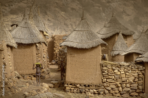 Tireli, Mali, Africa - January 30, 1992: Dogon village and typical mud buildings