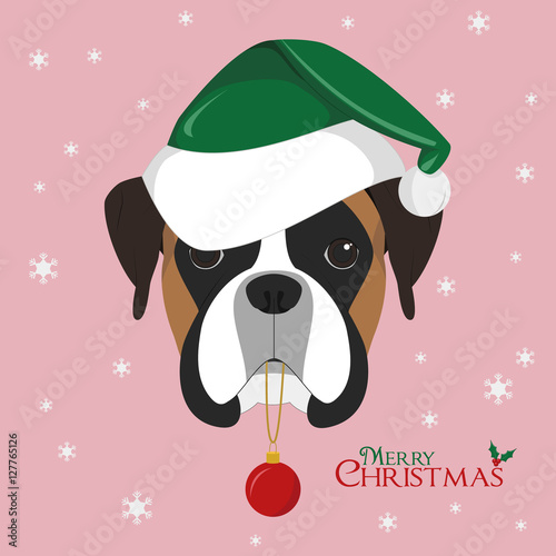 Christmas greeting card. Boxer dog with green Santa's hat and Christmas toy ball