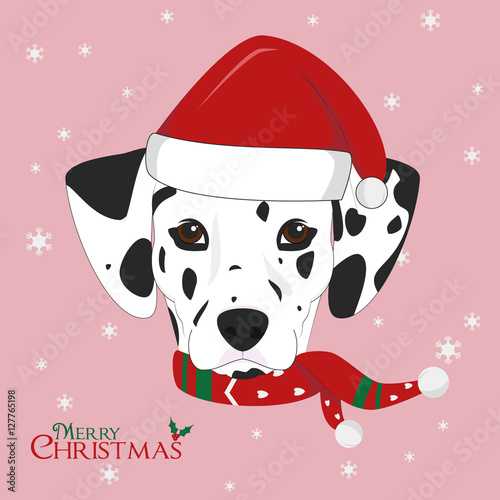 Christmas greeting card. Dalmatian dog with red Santa's hat