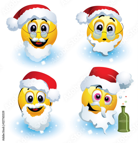 Smileys dressed in various Santa Claus costumes standing on the snow. Smiley celebrating. Smiley being cheerful and having fun at the party. 