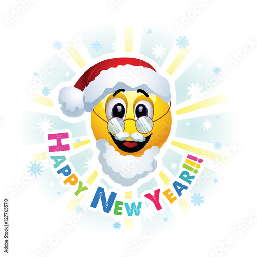 Happy New Year greeting card. Smileys dressed as Santa Claus. Smiley celebrating. Smiley being cheerful and having fun at the party. 