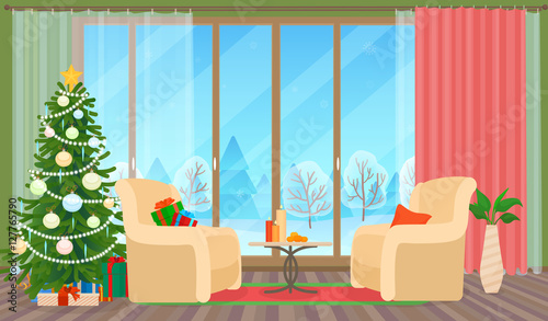 Christmas livingroom flat interior vector illustration. Christmas New Year tree. Winter outside.