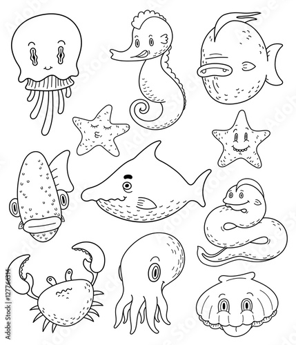 Fototapeta Naklejka Na Ścianę i Meble -  Collection of various marine animal doodles