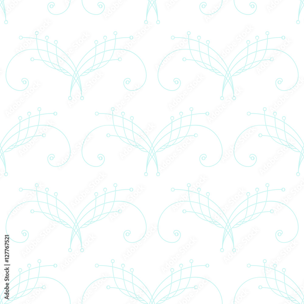 Elegant pastel blue thin line damask seamless pattern on white. Thin line decoration. Damask pattern. Seamless abstract background. Infinity geometric pattern. Vector illustration.