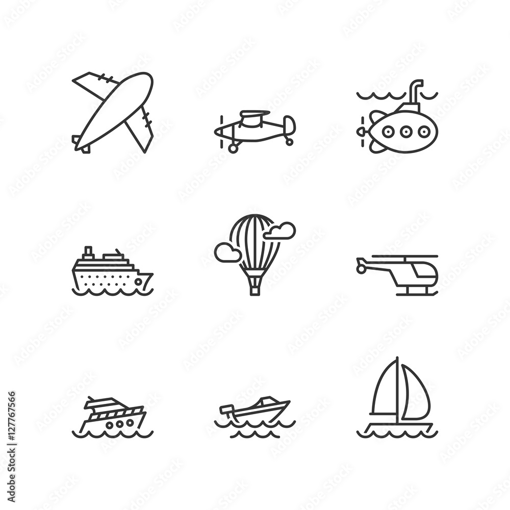 Line icons. Water and air transport. Flat symbols