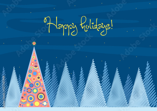 Beautiful Chrismas tree winter flat landscape background. Christmas forest woods in night. New Year Happy Holidays vector greeting card.