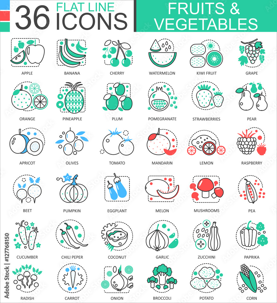 Vector Fruits and vegetables flat line outline icons for apps and web design. Fruits and vegetable food icon.