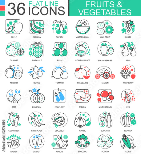 Vector Fruits and vegetables flat line outline icons for apps and web design. Fruits and vegetable food icon.