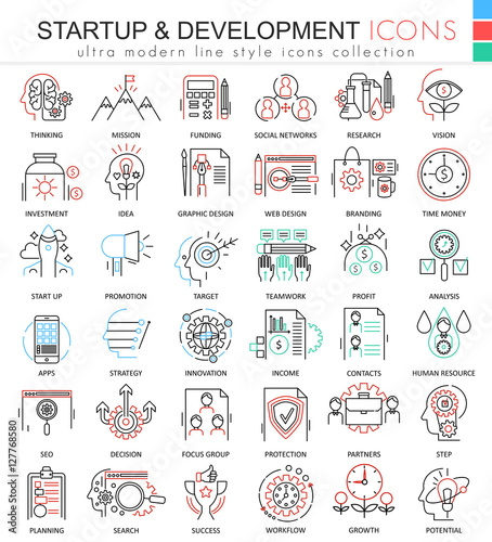 Vector Startup and development color line outline icons for apps and web design. Startup business icons.