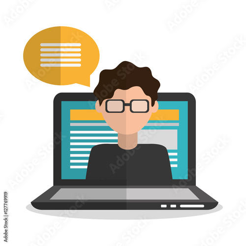 Laptop and boy blogger icon. Blog network multimedia technology social media and communication theme. Vector illustration