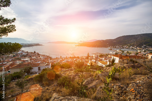 Panorama of the island of Poros at sunset, Greece.